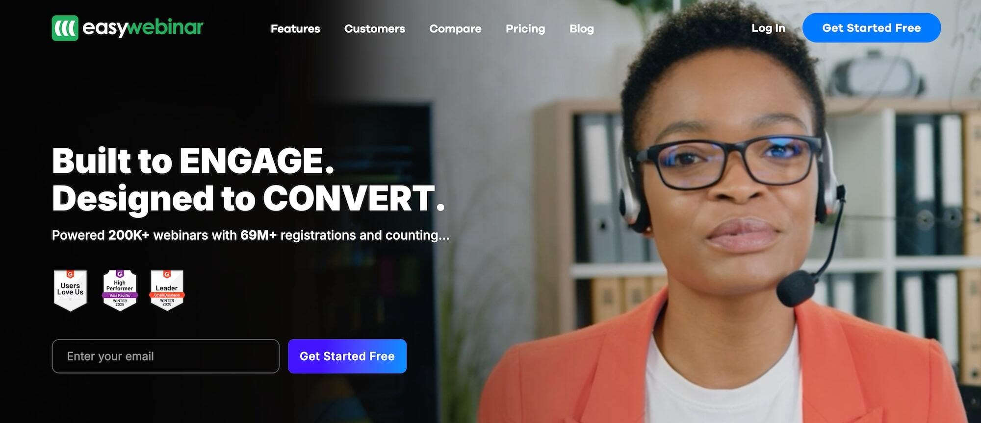 EasyWebinar homepage: Built to Engage. Designed to Convert.