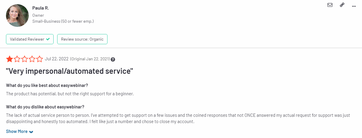 EasyWebinar G2 review screenshot