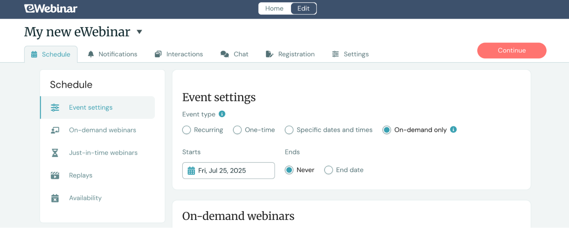 My New eWebinar Schedule and Event Settings