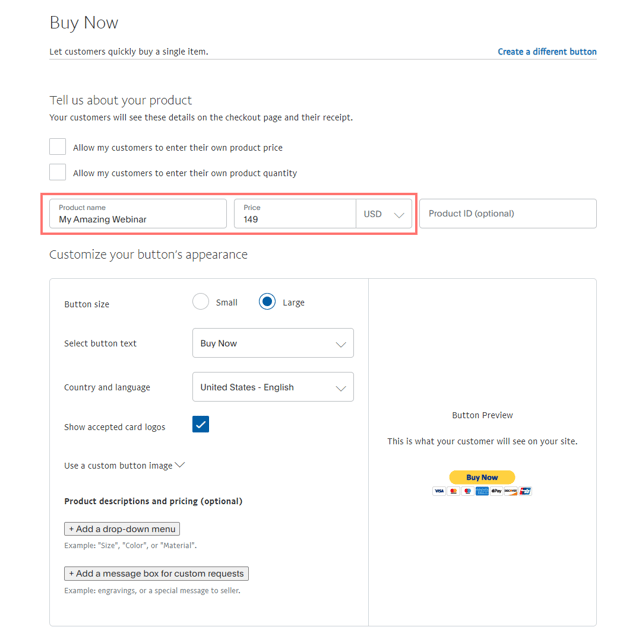 Paypal button step 1