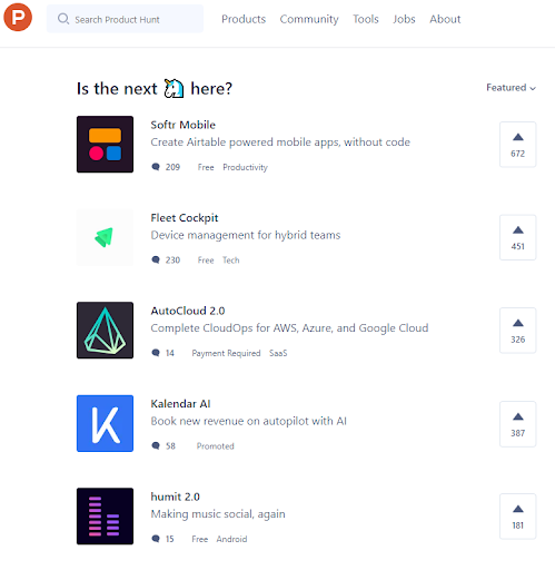 Tableau de classement de Product Hunt