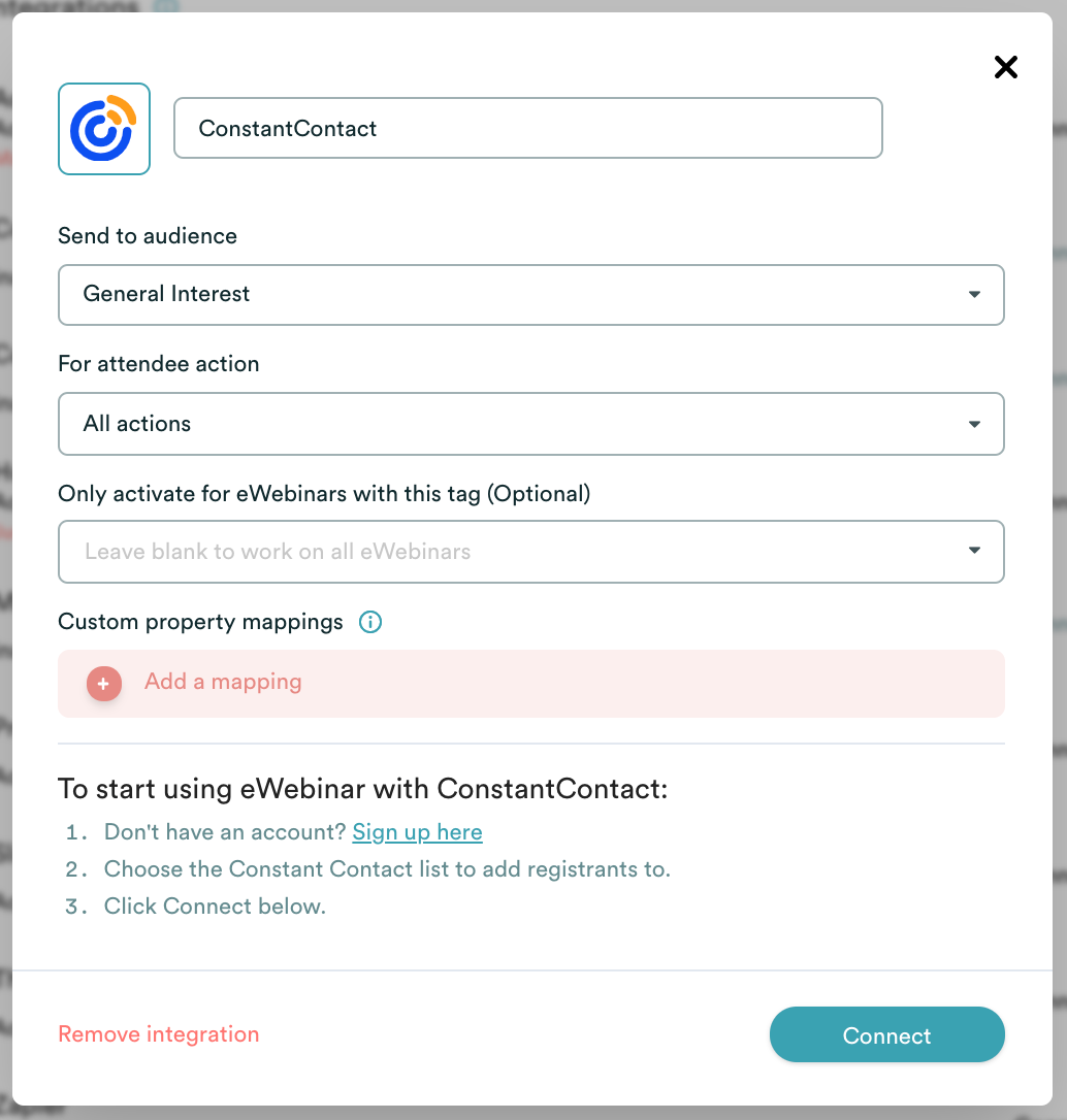 eWebinar integration modal with Constant Contact