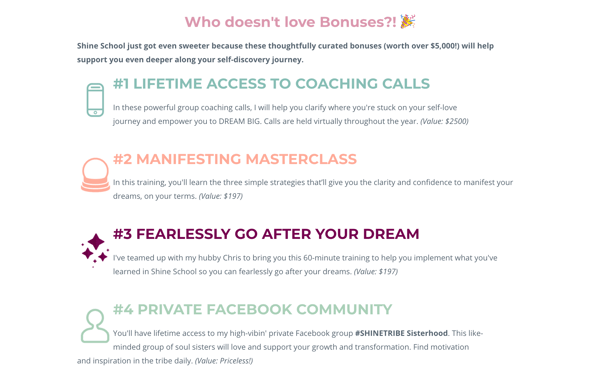 An example of a course bonuses section