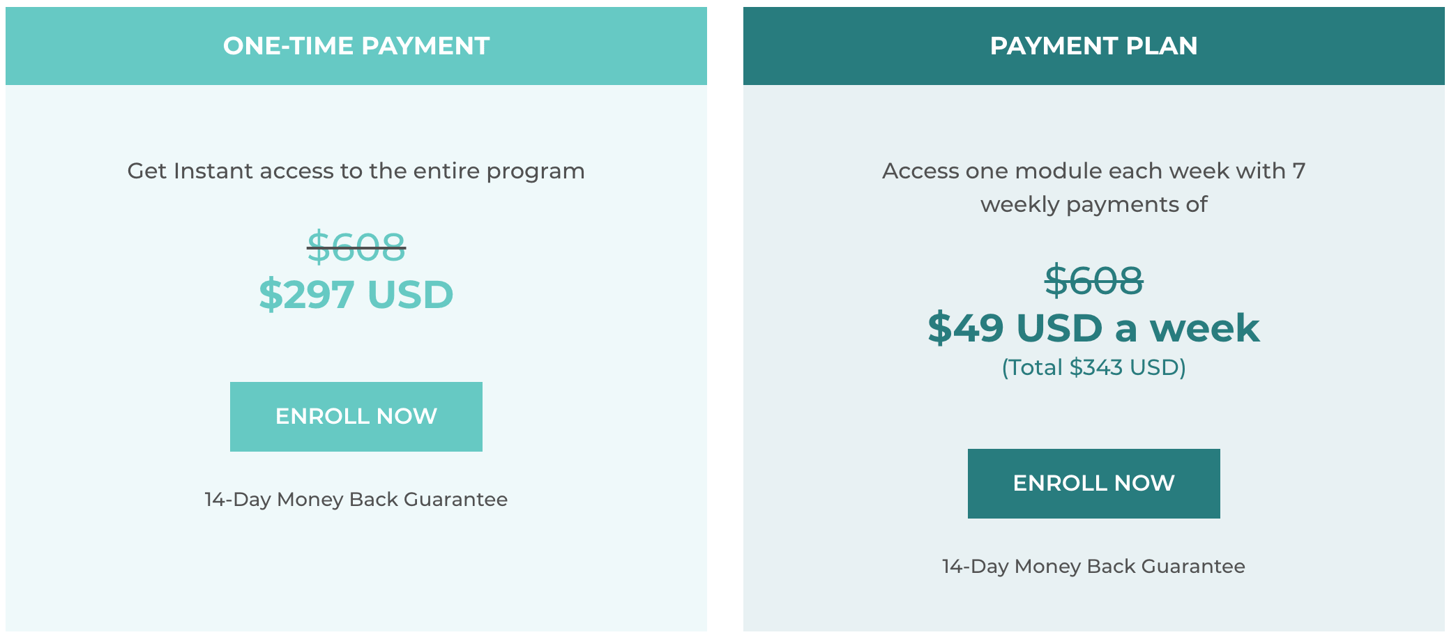 An example of a course pricing section