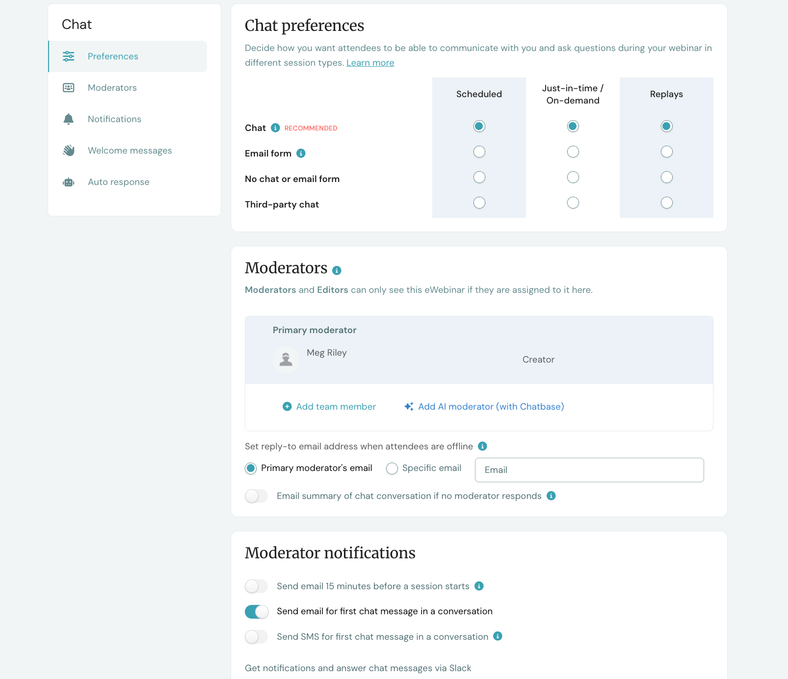 eWebinar Chat Preferences: Scheduled, On-Demand, Replays