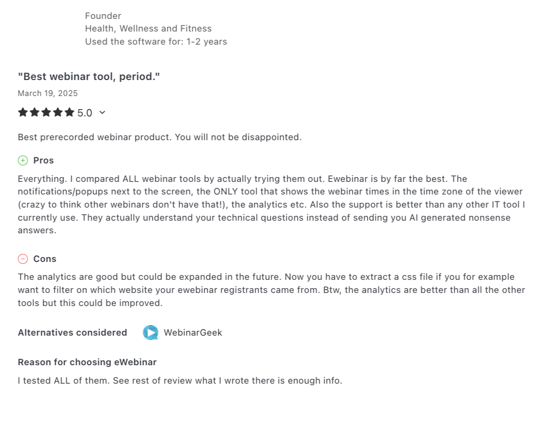 eWebinar Review from Health, Wellness, and Fitness Founder: "Best webinar tool, period."