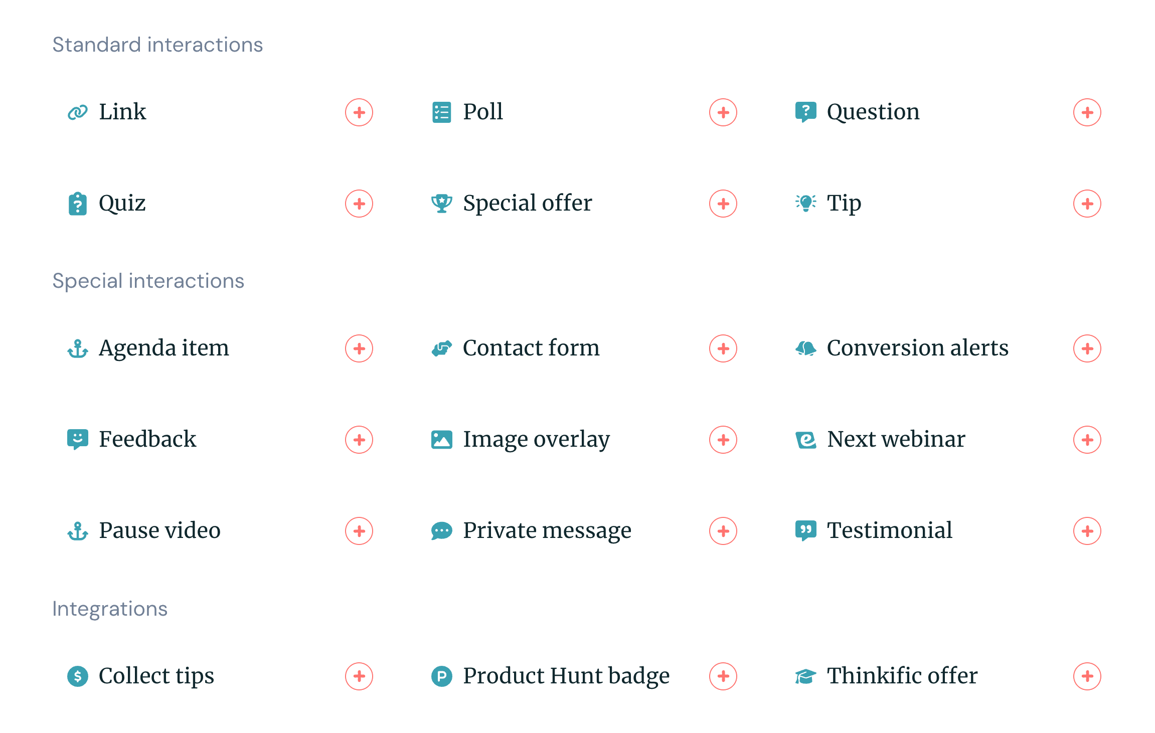 eWebinar's Standard Interactions, Special Interactions & Integrations
