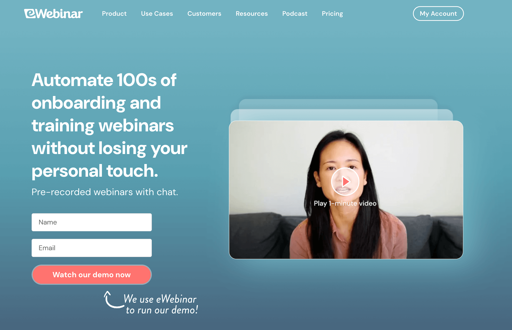 eWebinar homepage: Automate 100s of onboarding and training webinars without losing your personal touch.
