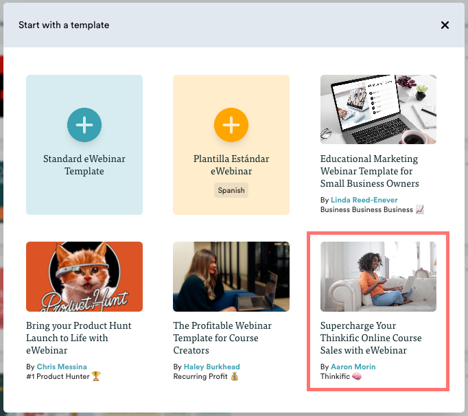 eWebinar creation modal showing Thinkific template