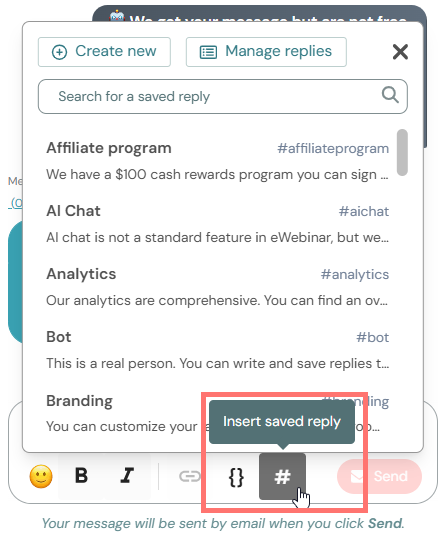 insert saved reply button