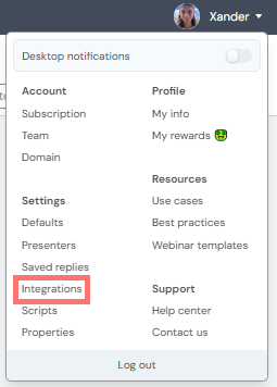 integrations profile menu