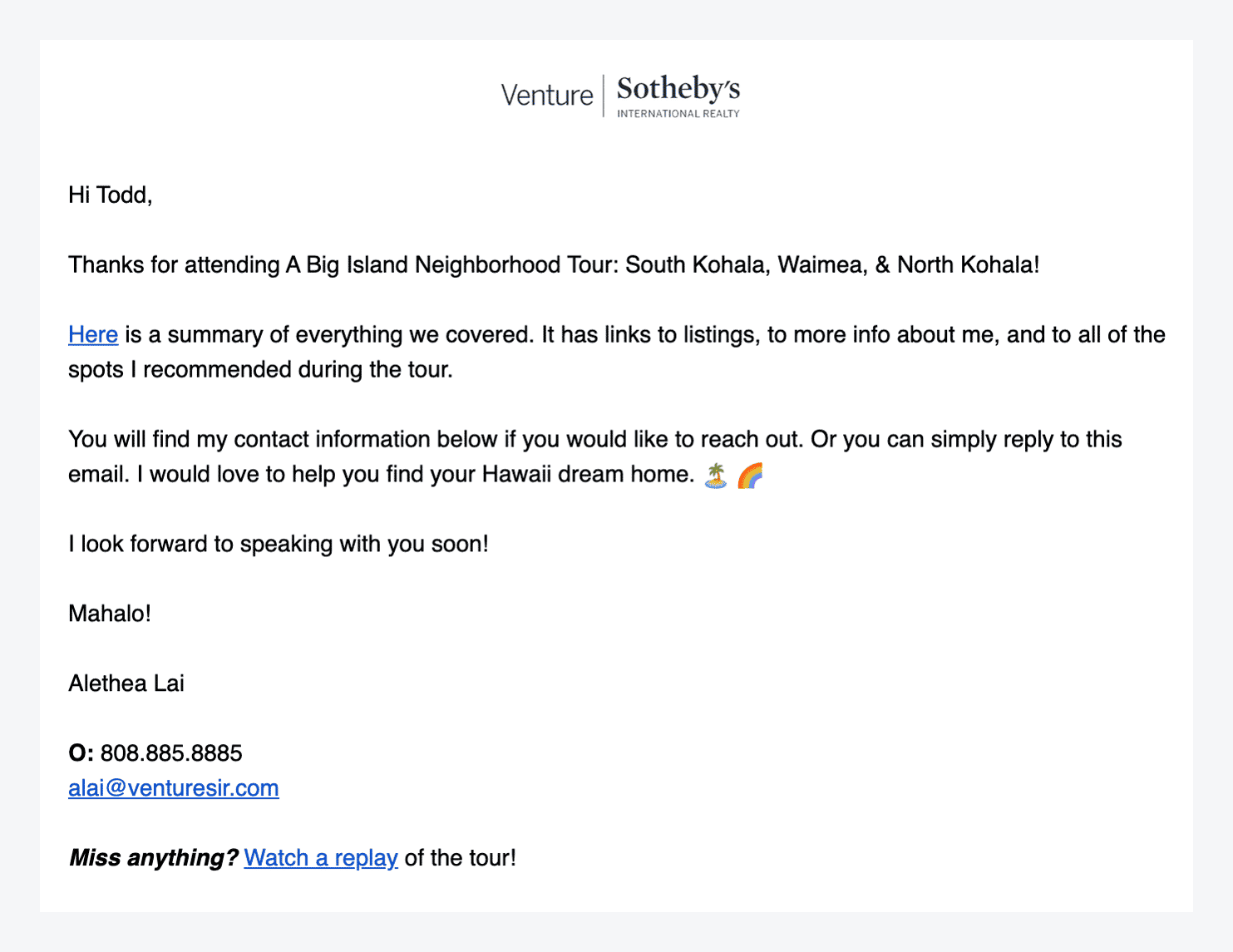 Courriel de suivi de la visite du quartier