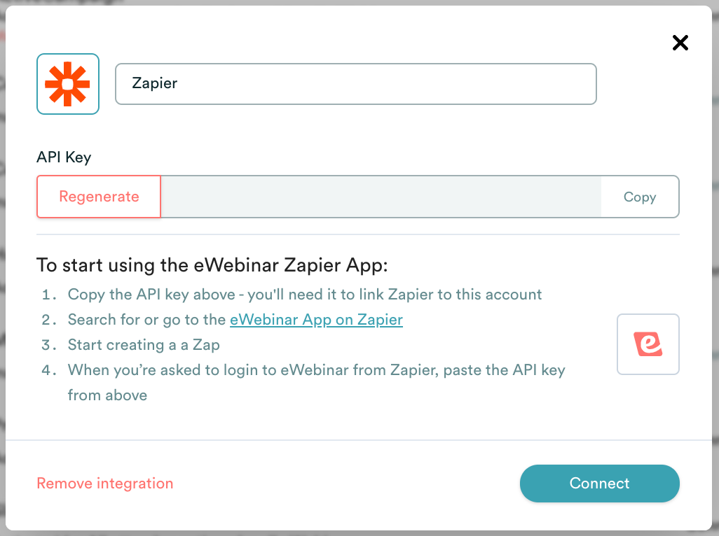 eWebinar integration modal with Zapier