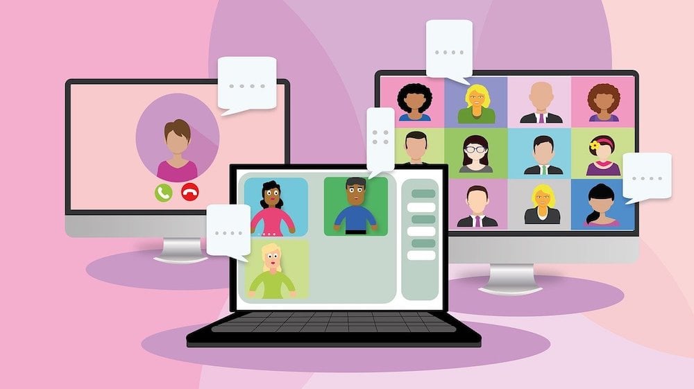 Graphic of three laptops showing virtual meetings and webinars