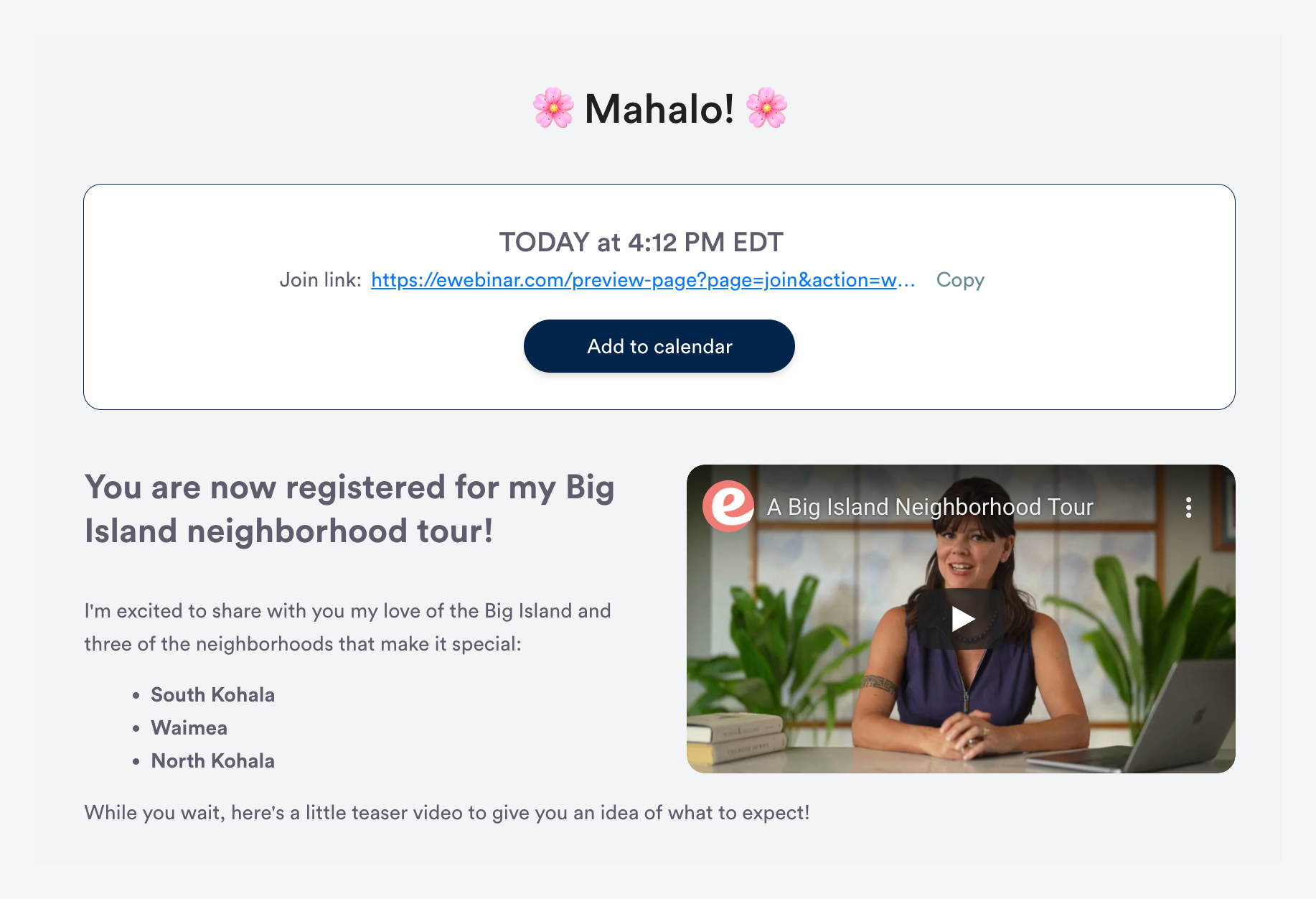 Page de remerciement pour la visite du quartier