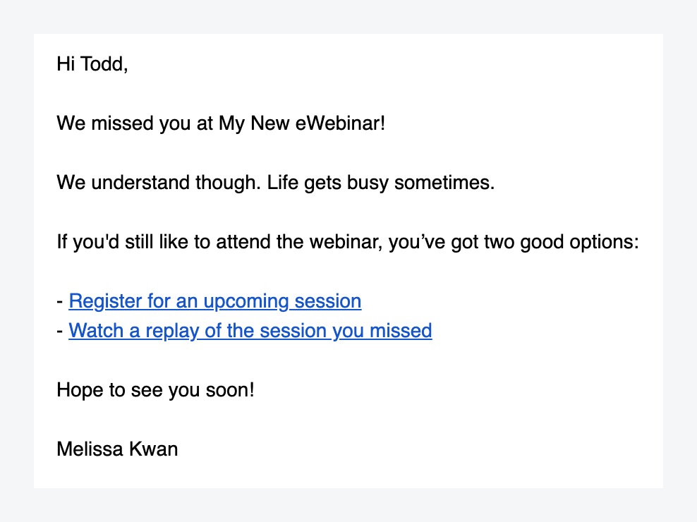 Follow up email from standard eWebinar template