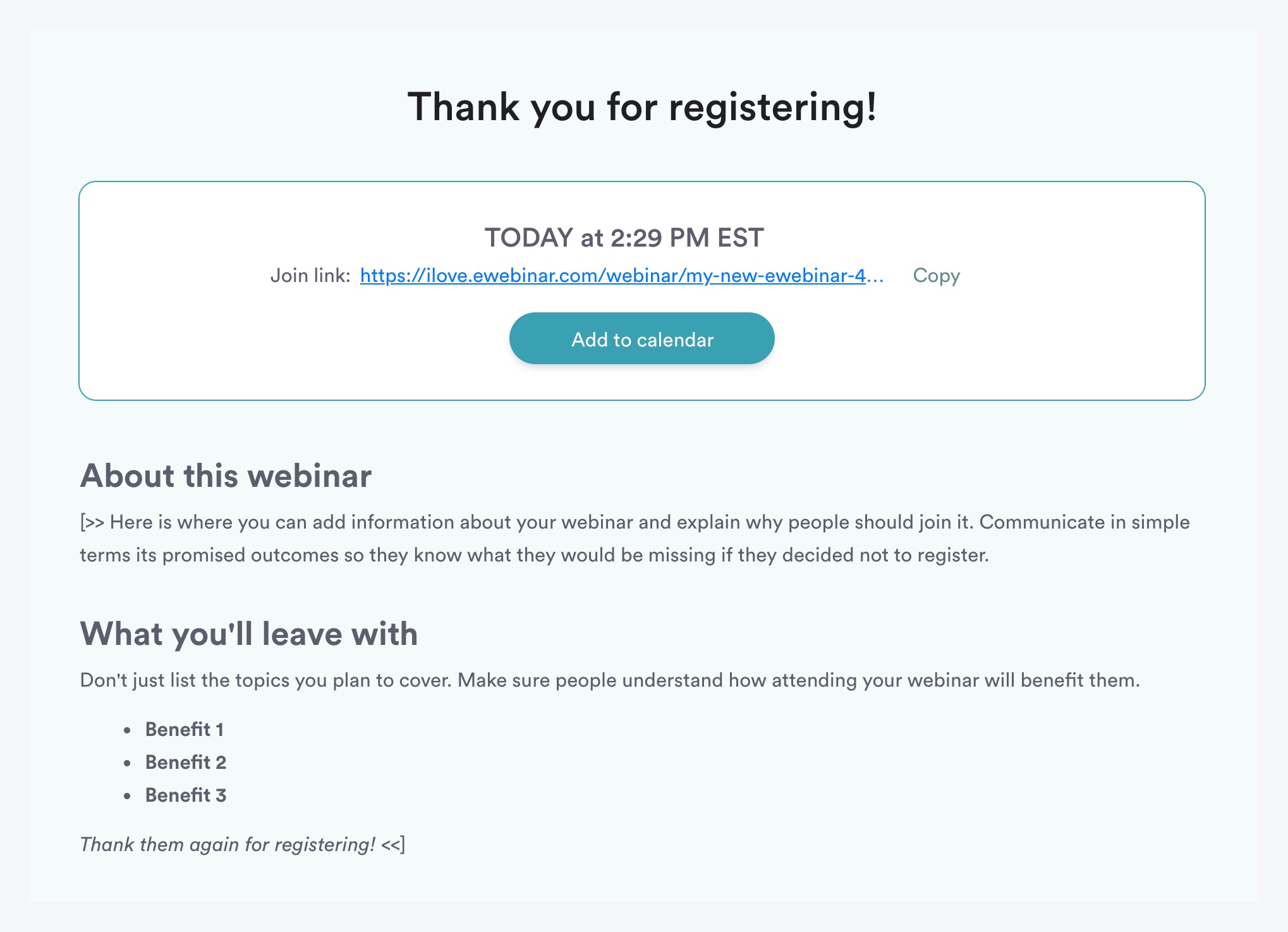 Thank you page of standard eWebinar template