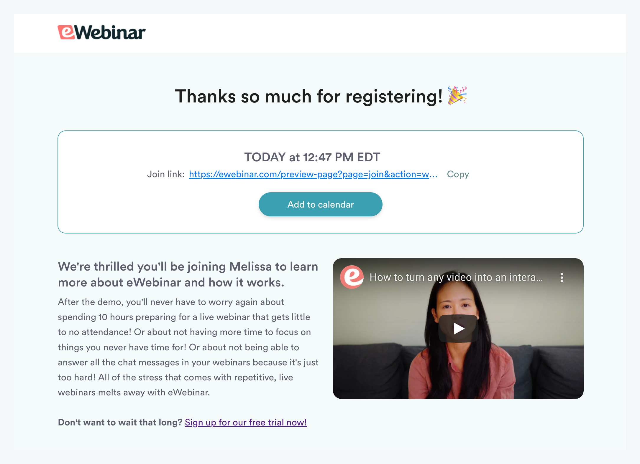 Página de agradecimiento del eWebinar